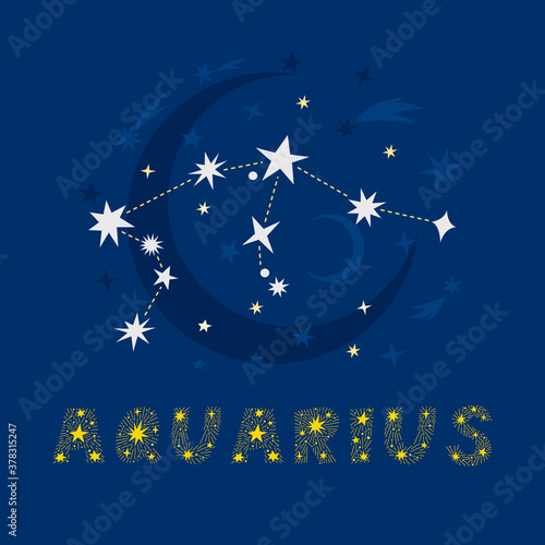 Hand drawn Aquarius zodiac star constellation design. Abstract starry map of night sky with blue background and decorative lettering. Vector isolated illustration for posters, prints, birthday cards. photo
