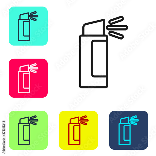 Black line Pepper spray icon isolated on white background. OC gas. Capsicum self defense aerosol. Set icons in color square buttons. Vector.