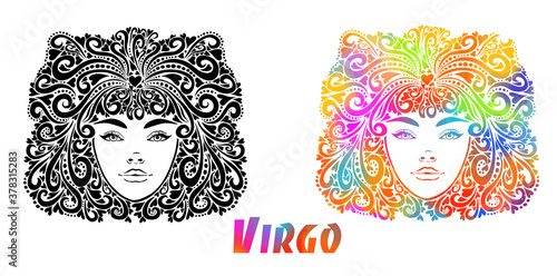 Sign of the virgo zodiac. The colorful face of a beautiful girl. T-shirt printing. Mixed media. Vector illustration