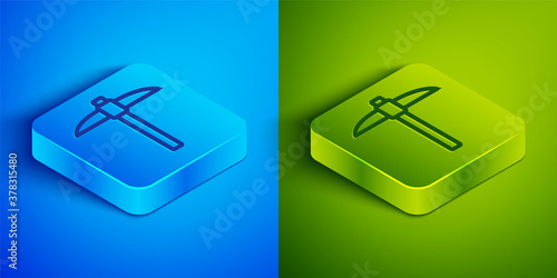Isometric line Pickaxe icon isolated on blue and green background. Blockchain technology, cryptocurrency mining, bitcoin, digital money market, cryptocoin wallet. Square button. Vector.