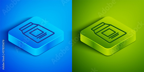 Isometric line Sports nutrition bodybuilding proteine power drink and food icon isolated on blue and green background. Square button. Vector.