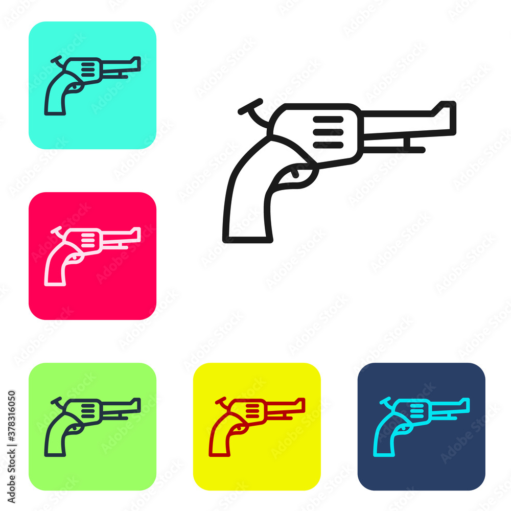 Black line Revolver gun icon isolated on white background. Set icons in color square buttons. Vector. Black line Revolver gun icon isolated on white background. Set icons in color square buttons. Vector.