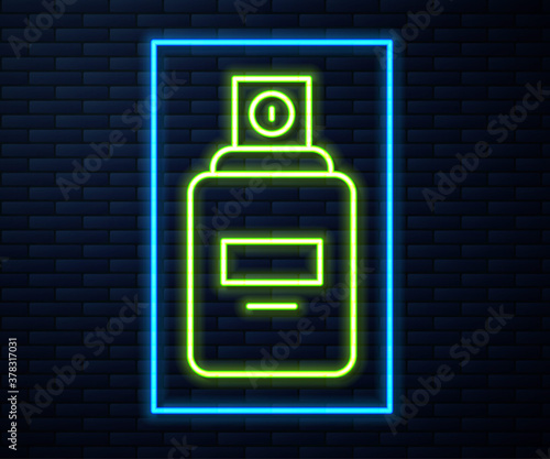 Glowing neon line Perfume icon isolated on brick wall background. Vector.