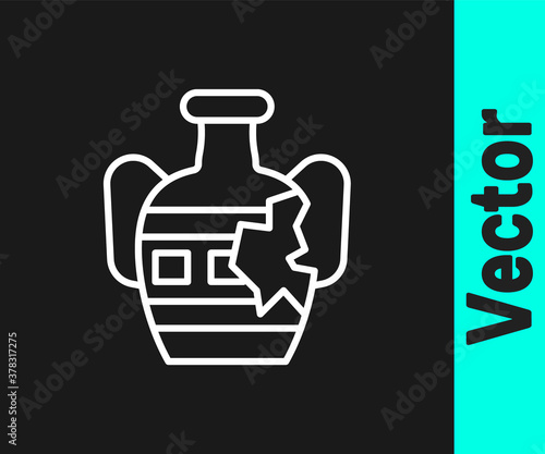 White line Broken ancient amphorae icon isolated on black background. Vector.