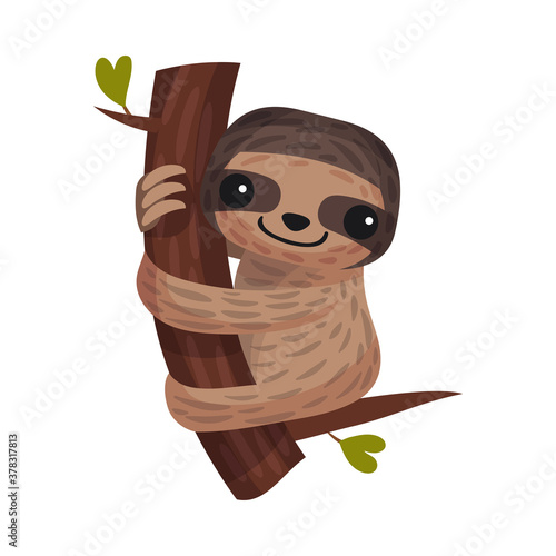 Arboreal Sloth Hugging Tree Branch as African Animal Vector Illustration