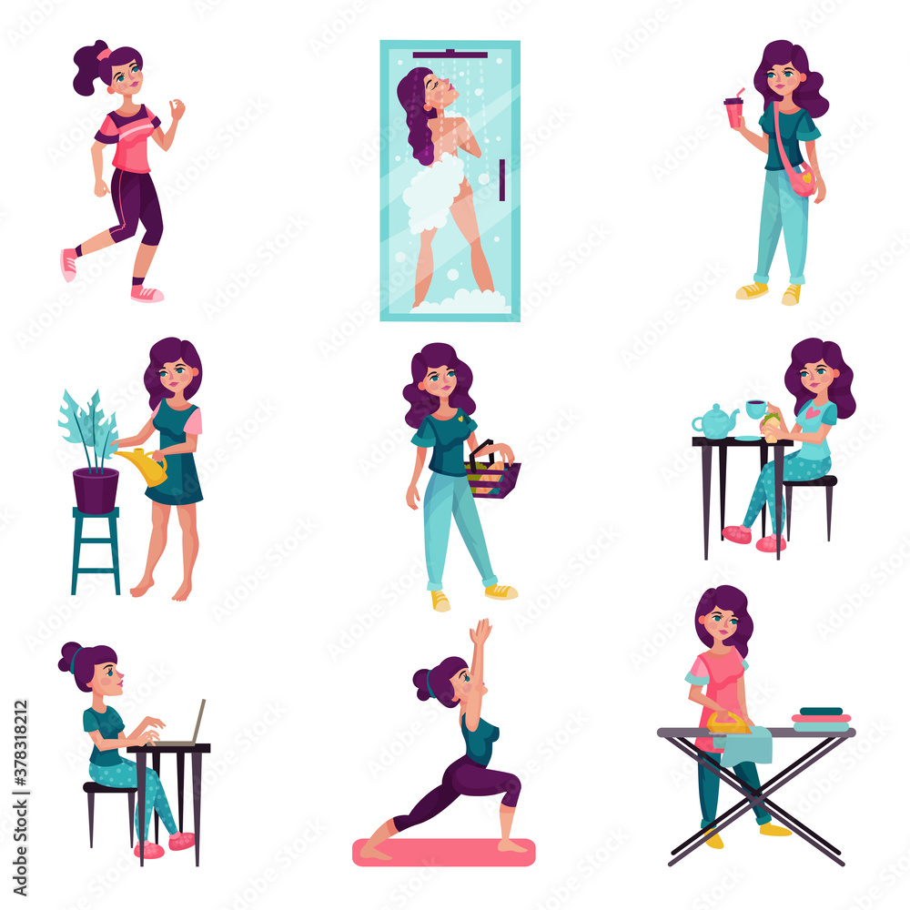 Young Woman Running, Taking Shower and Doing Shopping Vector Illustration Set