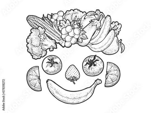 face made of vegetables and fruits sketch engraving vector illustration. T-shirt apparel print design. Scratch board imitation. Black and white hand drawn image.