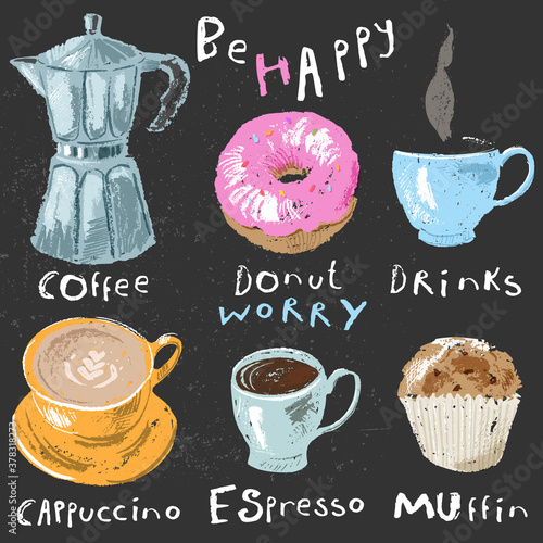 Hand drawn retro metallic coffee moka pot sketch, espresso cup, cappuccino cup, muffin, donuts
