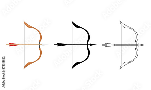 Vector illustration of a wooden bow with a bowstring and arrow.