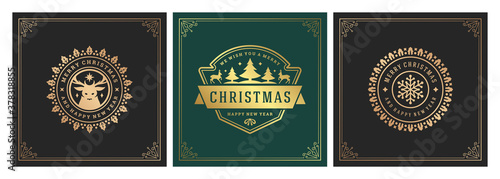 Christmas square banners vintage typographic design, ornate decorations symbols vector illustration