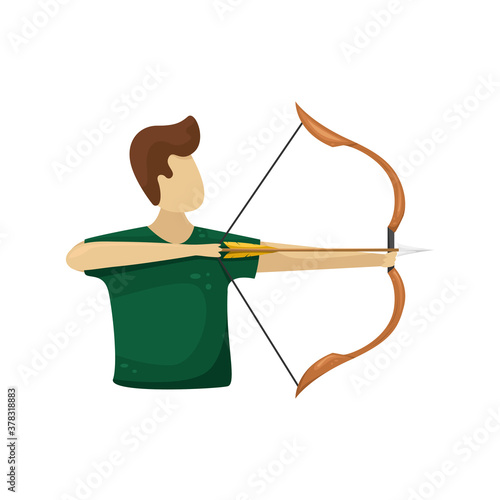 Vector illustration of a man shooting a wooden bow with a bowstring and arrow.