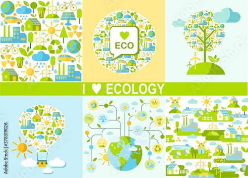 Planet earth with buildings, trasport and nature elements in flat style