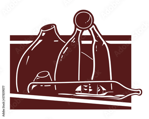 Bottles group. Silhouette bottle illustration. Ship in the bottle. Design banner or postcard