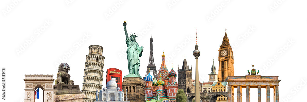 World landmarks and famous monuments collage isolated on panoramic white background - obrazy, fototapety, plakaty 