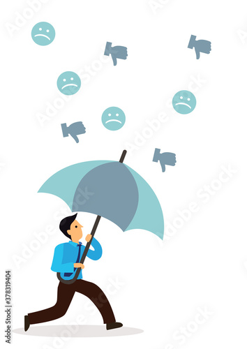 Businessman protects himself with a umbrella, attacking by negative review.