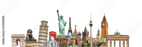 World landmarks and famous monuments collage isolated on panoramic white background