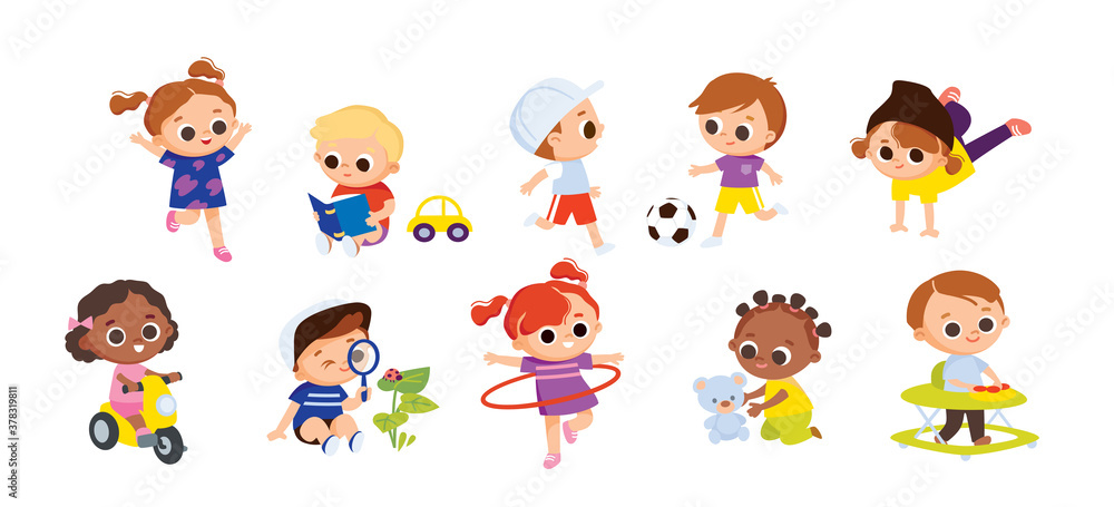 Set of babies kids characters doing activities. Children playing. Kids play football soccer. Girl rides a bicycle. Boy reading a book. Girl dancing street break dance.Boy walks in baby walker.