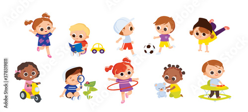 Set of babies kids characters doing activities. Children playing. Kids play football soccer. Girl rides a bicycle. Boy reading a book. Girl dancing street break dance.Boy walks in baby walker.
