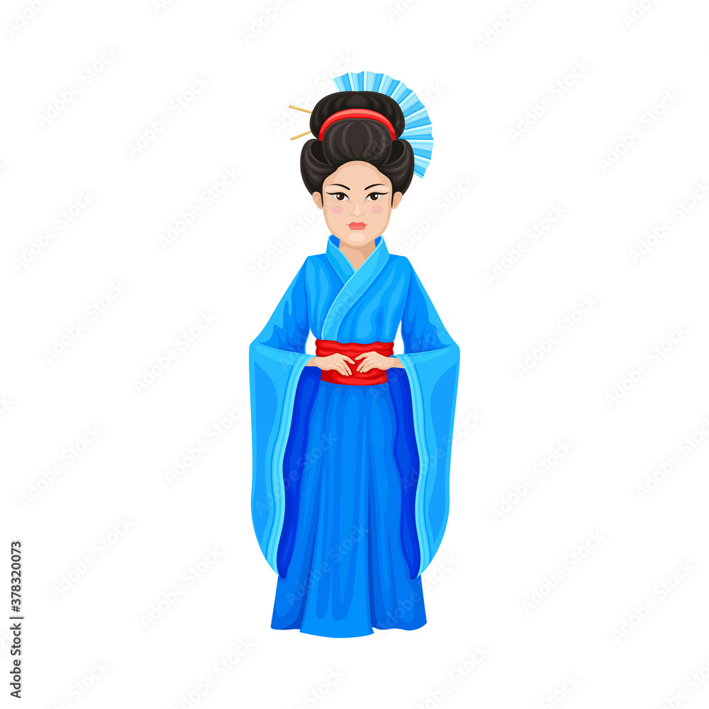 Young Woman Geisha in Kimono and Makeup Vector Illustration