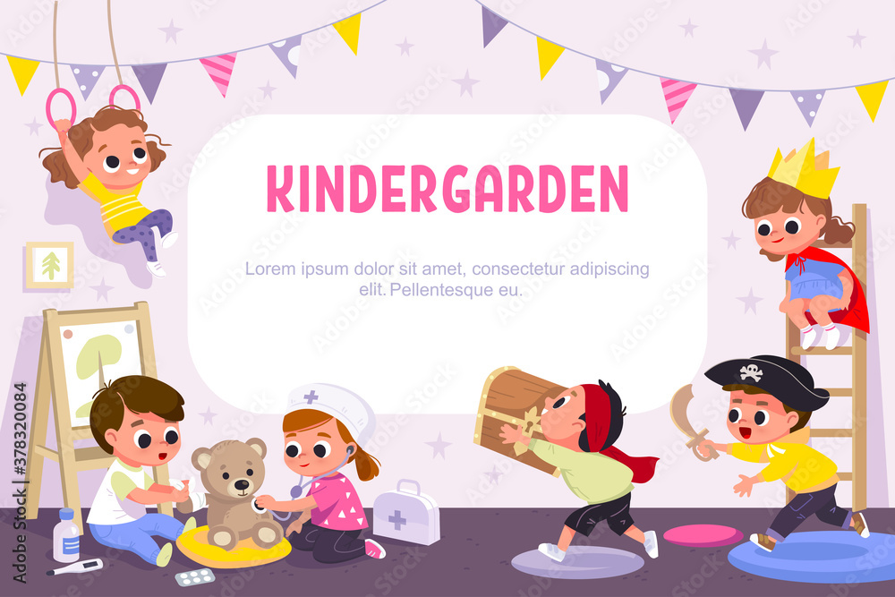 Obraz premium Children play together in kinder garden. Kids doing pirates role play. Preschool kids have fun. Children doctors examining teddy bear with stethoscope. Vector illustration.