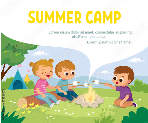 Group of kids sitting by fireplace in summer camp. Summer landscape.