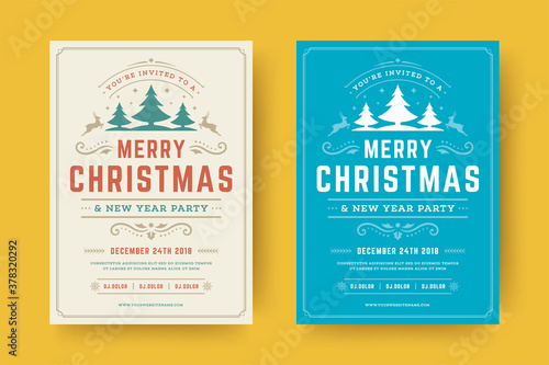 Christmas party flyer event vintage typography and decoration elements vector illustration