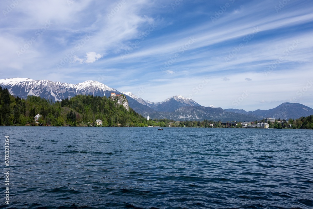 Bled Lake with the Bled Castle in Slovenia, Europe in the background Bled Lake with the Bled Castle in Slovenia, Europe in the background