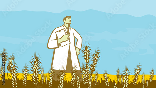 Scientist with Clipboard Standing in Wheat Field WPA Retro photo