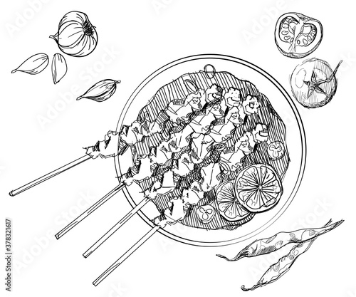Satay meat lamb chicken grill asian food hand drawn sketches white isolation background with flat style