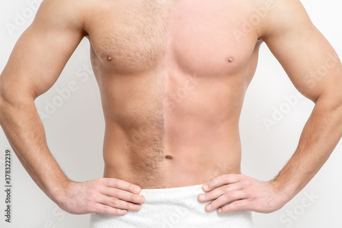 Young caucasian man with bare chested before and after waxing his hair stands on white background