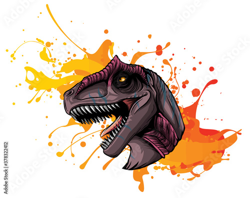 vector illustration of a T Rex, Tyrannosaurus Rex dinosaur ripping through a wall photo