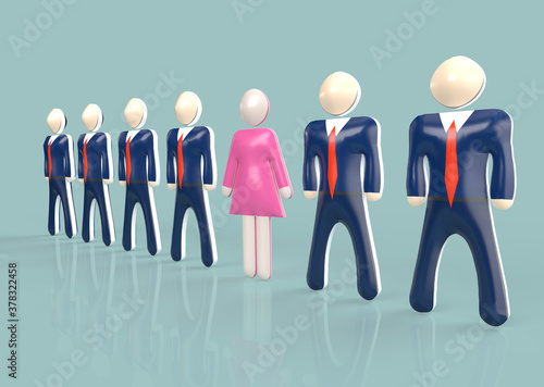 Vászonkép Female entrepreneur in pink dress standing in row of men in suits during work in