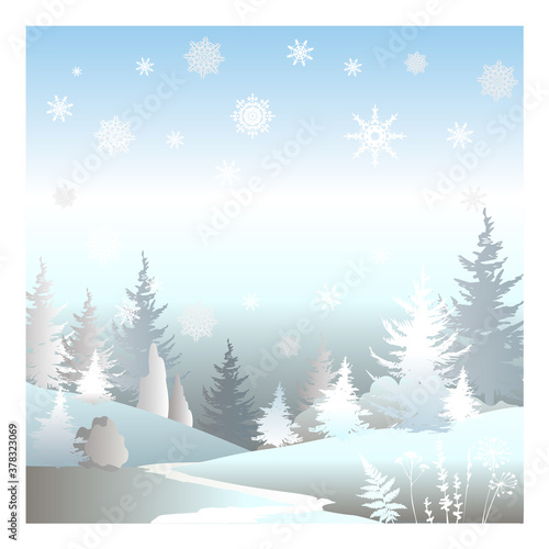 Christmas postcard with winter fir forest. Festive banner. © VETOCHKA