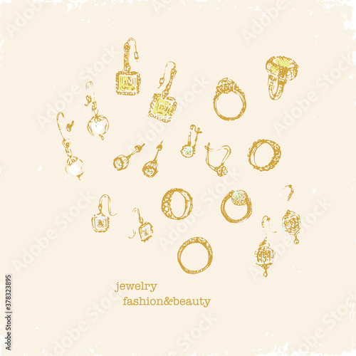 Hand drawn golden jewelry with gems and pearls
