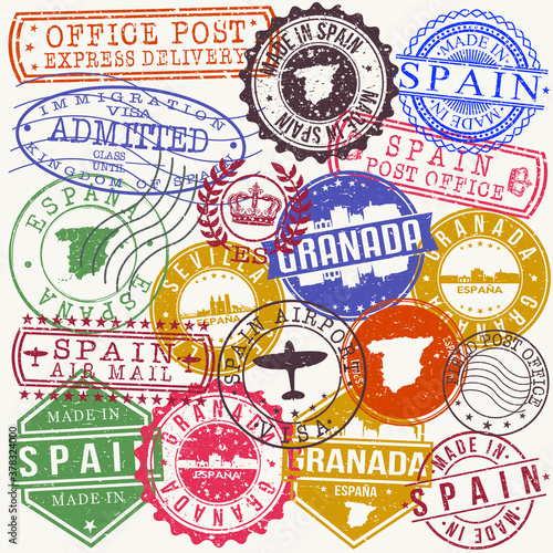 Granada Spain Set of Stamps. Travel Stamp. Made In Product. Design Seals Old Style Insignia.