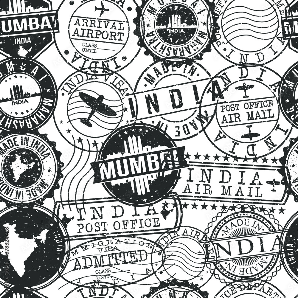 Fototapeta premium Znaczki Mumbai India. Sztuka wektor znaczek miasta. Paszport pocztowy. Projekt zestawu wzorców.
