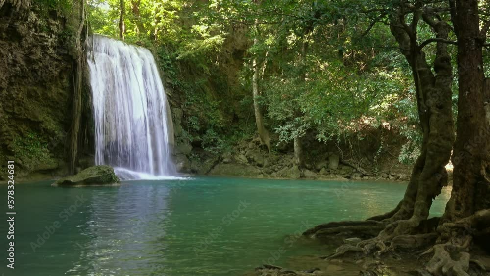 One of the waterfalls of the Erawan cascade in Kanchanaburi province, Thailand, 4k One of the waterfalls of the Erawan cascade in Kanchanaburi province, Thailand, 4k