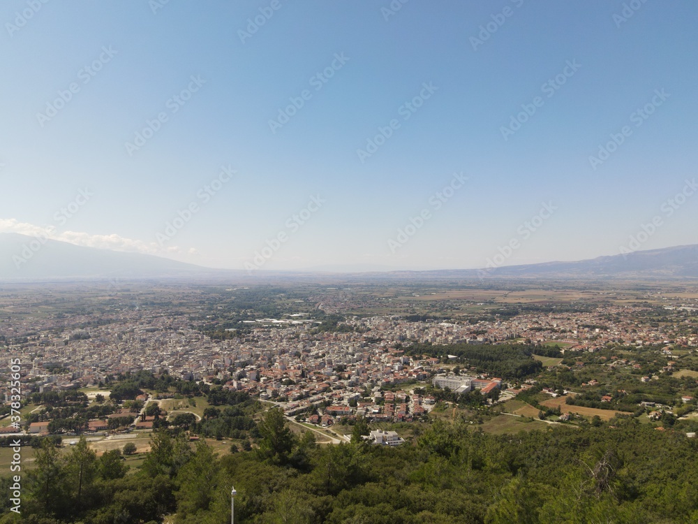 Aerial drone photo over the city of Drama, Northern Greece