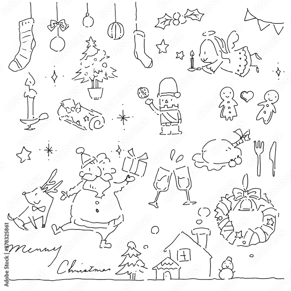 手描き線画のクリスマスイラストセット