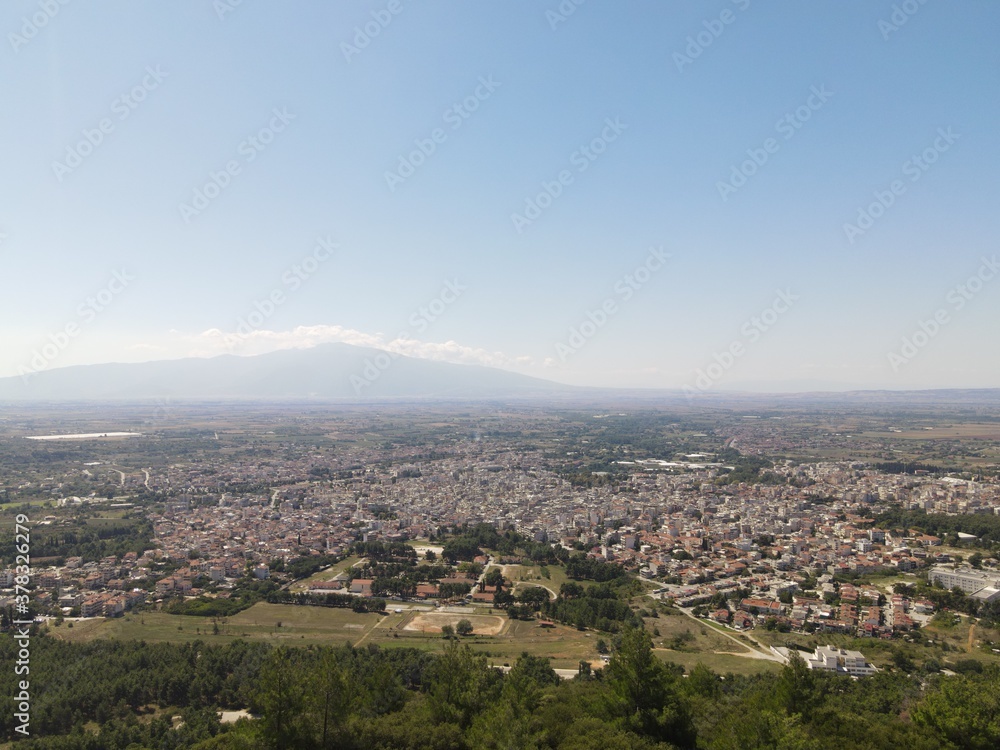 Aerial drone photo over the city of Drama, Northern Greece