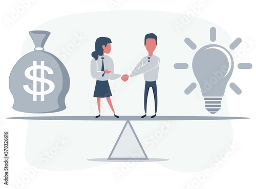 Business partners shaking hands as a symbol of unity. Businessman and businesswoman standing on seesaw. Vector flat design illustration.