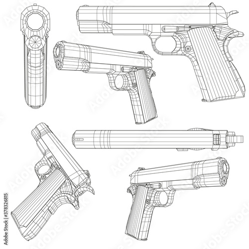Set with a low poly pistol Colt 1911. Wireframe of a pistol in different positions isolated on a white background. 3D. Vector illustration