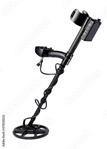Black metal detector isolated on white background photo