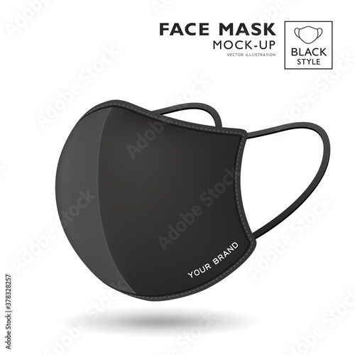 Face mask fabric black color mock up side view, realistic template design, isolated on white background, Eps 10 vector illustration