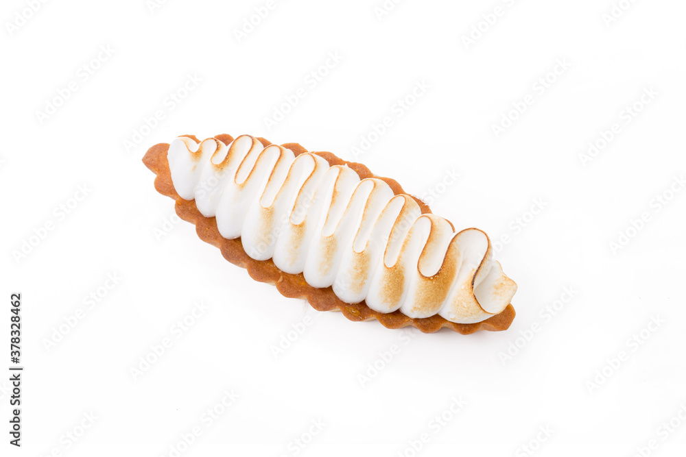Lemon tart with meringue topping isolated on white Lemon tart with meringue topping isolated on white