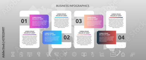 Infographics rectangle with 4 steps, icons. Vector template used for diagram, business, web, banner, workflow layout, presentations, flowchart, info graph, timeline, levels, chart, processes diagram