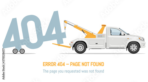 404 error page not found design with tow truck on white background. Webpage banner, search result message vector illustration