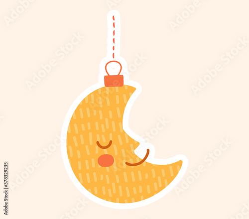 Crescent moon New Year toy or ornament to celebrate the festive season on a plain pink background, colored vector illustration