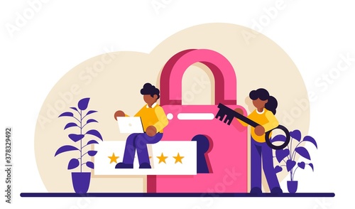 Infomation pivacy. Cyber or web security specialist. Digital data protection and safety. Modern technology and virtual crime. Protection information in internet. Modern flat illustration.