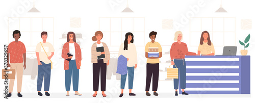Consumerism concept with customers standing in line waiting to pay at a cashiers desk in a store, colored vector illustration
